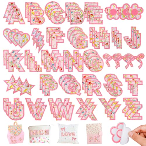 93 Stück Blumen Buchstaben Patches Rosa Floral bestickte Applikation Buchstaben A-Z Selbstklebende Alphabet-Aufkleber für Kinderkleidung, Hüte, Taschen, DIY Handwerk von Ssyuysto