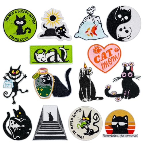 Aufnäher zum Aufbügeln, Motiv: schwarze Katze, ästhetischer Meme-Stil, Kätzchen-Aufnäher, lustig, niedliche Katze, Stickerei-Applikationen für Kleidung, Denimjacken, Jeans, Rucksäcke, Trucker, Hüte Aufnäher zum Aufbügeln, Motiv: schwarze Katze, ästhetischer Meme-Stil, Kätzchen-Aufnäher, lustig, niedliche Katze, Stickerei-Applikationen für Kleidung, Denimjacken, Jeans, Rucksäcke, Trucker, Hüte von Ssyuysto