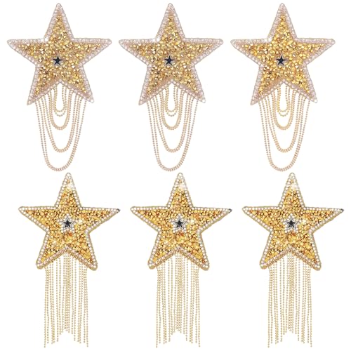 Bügelbilder für Kleidung, glänzend, goldfarben, Strass, Quaste, fünfzackiges Sternmuster mit Ketten für Hüte, Jeans, Taschen, Bastelarbeiten, 6 Stück Bügelbilder für Kleidung, glänzend, goldfarben, Strass, Quaste, fünfzackiges Sternmuster mit Ketten für Hüte, Jeans, Taschen, Bastelarbeiten, 6 Stück von Ssyuysto