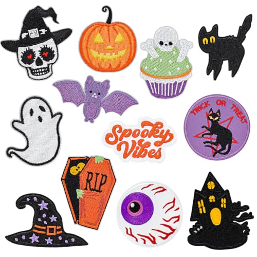 Halloween-Aufnäher zum Aufbügeln, Motiv: Geist, Kürbis, Totenkopf, Hexenhut, Fledermaus, bestickte Applikation, Deko-Aufnäher für Jacken, Rucksäcke, Hüte, DIY-Kostüm-Zubehör, 12 Stück Halloween-Aufnäher zum Aufbügeln, Motiv: Geist, Kürbis, Totenkopf, Hexenhut, Fledermaus, bestickte Applikation, Deko-Aufnäher für Jacken, Rucksäcke, Hüte, DIY-Kostüm-Zubehör, 12 Stück von Ssyuysto
