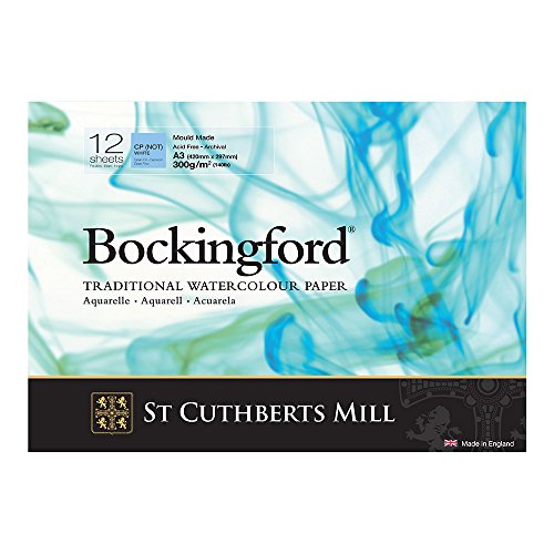 BOCKINGFORD St Cuthberts Mill Bockingford Aquarellpapier T4713000101AF: 300 g/m², Feinkorn, Aquarellblock 29,7 x 42 cm (DIN A3), einseitiggeleimt, 12 Blatt, Weiß von BOCKINGFORD