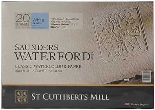 St Cuthberts Mill Saunders Waterford Aquarellpapier T46330001011C: 300 g/m², Feinkorn, Aquarellblock 31 x 23 cm, rundumgeleimt, 20 Blatt, Naturweiß von St Cuthberts Mill