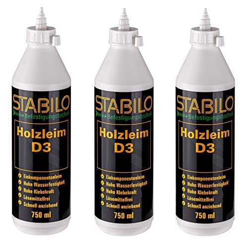 3x Stabilo Holzleim D3 750ml, Leim, Holzkleber, Kaltleim, Einkomponentenleim, Holz Kleber wasserfest von Stabilo Befestigungstechnik