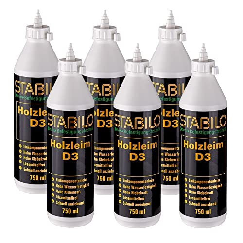 6x Stabilo Holzleim D3 750ml, Leim, Holzkleber, Kaltleim, Einkomponentenleim, Holz Kleber wasserfest von Stabilo Befestigungstechnik