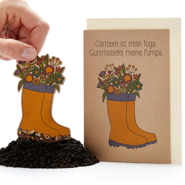 Saatpapier-Grußkarte "Gärtnern ist mein Yoga", mit Saatstecker und Umschlag von Stadtgärtner