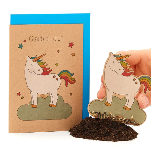 Saatpapier-Grußkarte "Glaub an dich" Einhorn, mit Saatstecker und Umschlag
