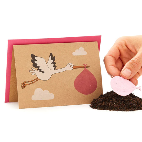 Saatpapier-Grußkarte "Klapperstorch" in rosa mit Saatstecker und Umschlag Saatpapier-Grußkarte "Klapperstorch" in rosa mit Saatstecker und Umschlag von Stadtgärtner