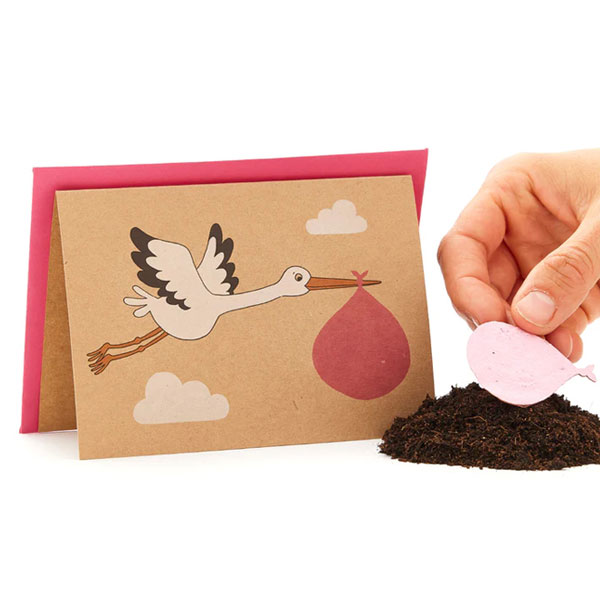 Saatpapier-Grußkarte "Klapperstorch" in rosa mit Saatstecker und Umschlag von Stadtgärtner