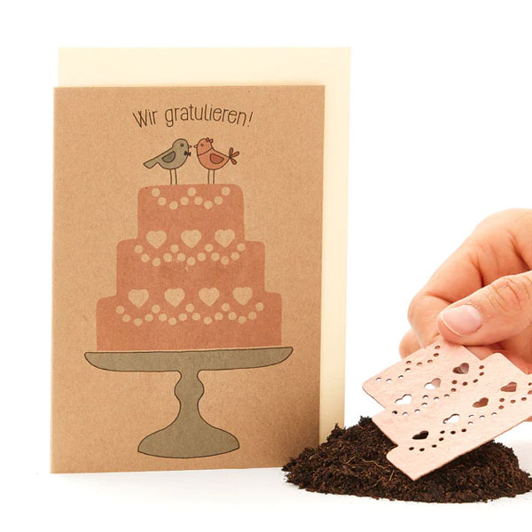 Saatpapier-Grußkarte "Wir gratulieren" Hochzeitstorte, mit Saatstecker und Umschlag von Stadtgärtner