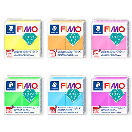 Staedtler Staedtler FIMO Effect Modelliermasse, 6 Blöcke in Neon-Farben zu je 57 g, geschmeidige, ofenhärtende Knete mit zum Basteln und Modellieren von Schmuck- und Deko-Accessoires von Staedtler