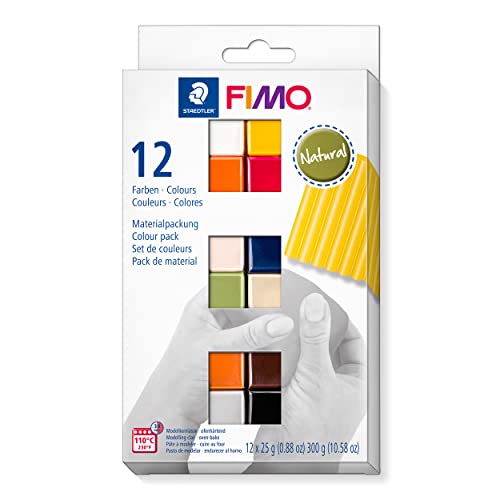 STAEDTLER ofenhärtende Modelliermasse FIMO soft natural colours, weich und geschmeidig, speziell für Einsteiger und Hobbykünstler, 12 Halbblöcke á 25g in sortierten Farben, 8023 C12-4 von Staedtler