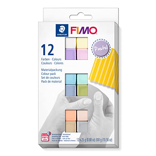 STAEDTLER ofenhärtende Modelliermasse FIMO soft in Pastell Farben, weich und geschmeidig, speziell für Einsteiger und Hobbykünstler, 12 Halbblöcke á 25g in sortierten Farben von Staedtler