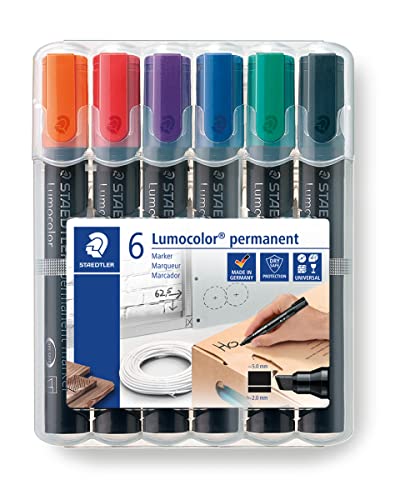 STAEDTLER 350 WP6 Permanentmarker Lumocolor, nachfüllbar, Keilspitze, Box mit 6 Farben, sortiert von Staedtler