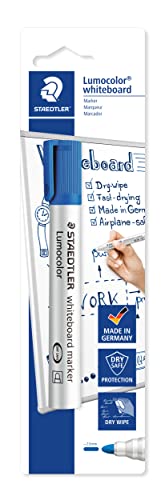 STAEDTLER Whiteboard Marker Lumocolor, blau, trocken und rückstandsfrei abwischbar, Rundspitze ca. 2 mm Linienbreite, hohe Qualität Made in Germany, 1 blauer Marker auf Blisterkarte, 351-3 BK von Staedtler