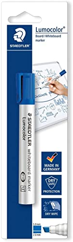 STAEDTLER Whiteboard Marker Lumocolor, blau, trocken und rückstandsfrei abwischbar, Keilspitze ca. 2 oder 5 mm, hohe Qualität Made in Germany, 1 blauer Marker auf Blisterkarte, 351 B-3 BK von Staedtler