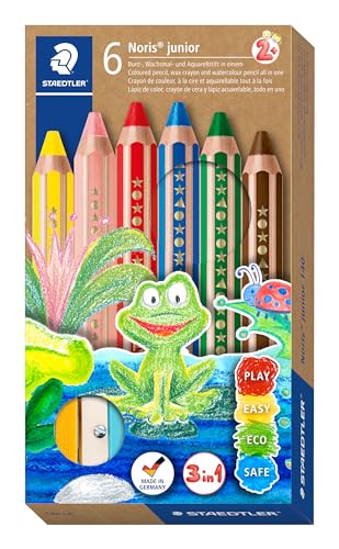 STAEDTLER 3in1 Buntstift Noris junior (Bunt-, Wachsmal- und Aquarellstift, extra bruchsicher, ideal für Kinder, für viele Oberflächen, Kartonetui mit 6 Farben inkl. Spitzer), 140 C6 von Staedtler