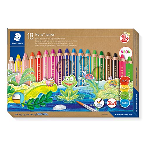 STAEDTLER 3in1 Buntstift Noris junior Bunt-,Wachsmal- und Aquarellstift, extra bruchsicher, ideal für Kinder, für viele Oberflächen, Kartonetui mit 18 Farben inkl. Spitzer, 140 C18 von Staedtler