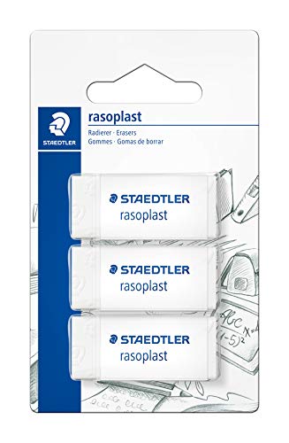 STAEDTLER 526 B3BK3D Radierer rasoplast phtalat- und latexfrei,, 19 x 13 x 43 mm, 3 Stück auf Blisterkarte, weiß von Staedtler