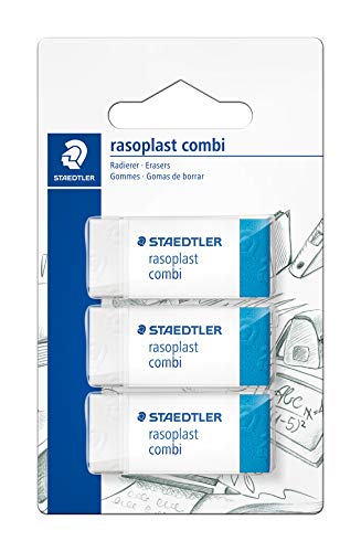 STAEDTLER 526 BT3BK3D Radierer rasoplast combi phtalat- und latexfrei, 3 Stück auf Blisterkarte, weiß/blau von Staedtler
