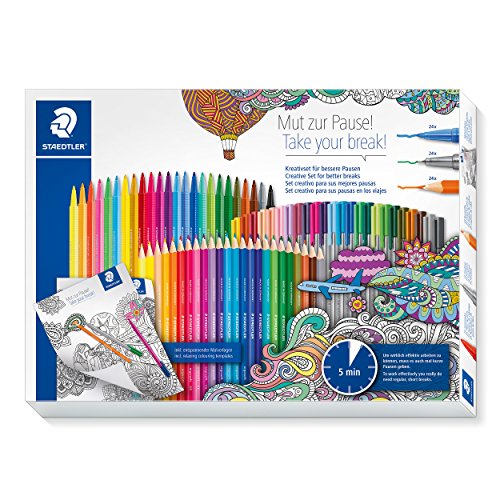 STAEDTLER 61 CB-1MZP Kreativset Mut zur Pause (ergonomischer Dreikantschaft, Kartonetui mit Buntstiften, Finelinern und Fasermalern inklusive 40 Malvorlagen in DIN A4 und DIN A6 zum Ausmalen) von Staedtler