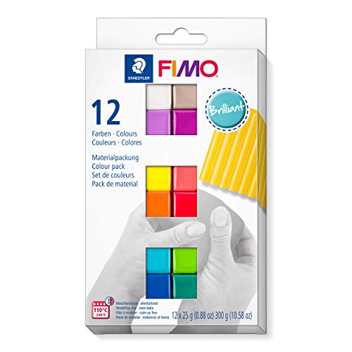 STAEDTLER ofenhärtende Modelliermasse FIMO soft brilliant colours, weich und geschmeidig, speziell für Einsteiger und Hobbykünstler, 12 Halbblöcke á 25g in sortierten Farben, 8023 C12-2 von Staedtler