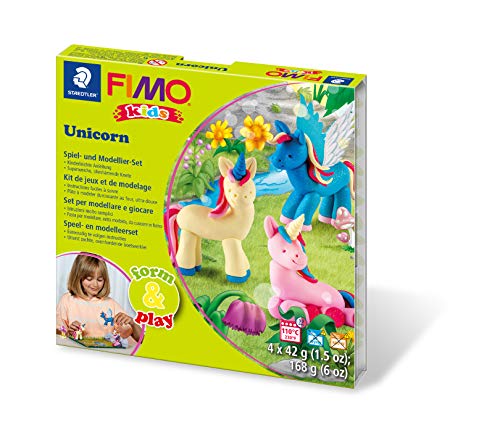 STAEDTLER 8034 19 LYST Unicorn Fimo kids form&play Set (superweiche, ofenhärtende Knete, leichte Anleitung, wiederverschließbare Box, Set mit 4 Blöcken, 1 Modellierstab und 1 Spielkulisse) von Staedtler