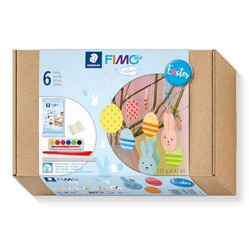 STAEDTLER FIMOair 81 Set Ostern Lufttrocknende Modelliermasse, sofort gebrauchsfähig, Kartonbox mit FIMOair Light Modelliermasse 125 g, weiß und Zubehör, 81 Set 04 von STAEDTLER
