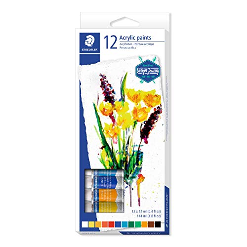 STAEDTLER 8500 C12 Acrylfarben (hoch pigmentiert, weicher Farbabstrich, leicht mischbar, Künstlerqualität) Kartonetui mit 12 brillanten Farben à 12 ml von Staedtler