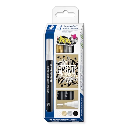 STAEDTLER Acrylmarker Lumocolor, deckende, permanente Acryltinte, wisch- und wasserfest, Linienbreite 2,4 mm, hohe Farbbrillanz, 4 paint marker in sortierten Farben im Kartonetui, 349 C4 STAEDTLER Acrylmarker Lumocolor, deckende, permanente Acryltinte, wisch- und wasserfest, Linienbreite 2,4 mm, hohe Farbbrillanz, 4 paint marker in sortierten Farben im Kartonetui, 349 C4 von STAEDTLER