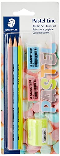 STAEDTLER Bleistift-Set Pastel Line (Sechskantform, lackiert in Pastellfarben, Härtegrad HB, Set mit 3 Bleistiften, Radierer und Spitzer, Blisterkarte, 13043SBKP1ST) von Staedtler