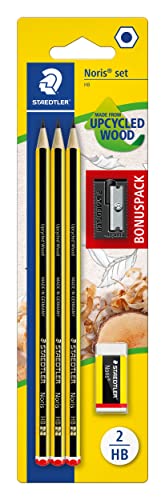 STAEDTLER Bleistifte Noris, HB, sechskant, Set mit 3 unglaublich bruchfesten Bleistiften, 1 Spitzer, 1 Radiergummi, hohe Qualität Made in Germany, 120 SBK3P1 von STAEDTLER