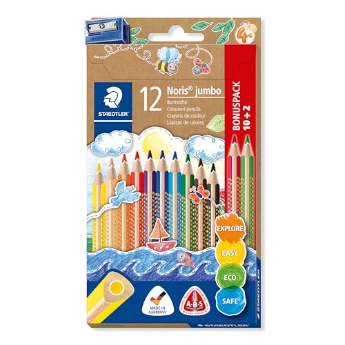 STAEDTLER Buntstift Noris jumbo, erhöhte Bruchfestigkeit, Dreikantform, ABS-System, attraktive Sternchenprägung, Bonuspack mit 12 brillanten Farben und einem Spitzer, 128 NC12P1 STAEDTLER Buntstift Noris jumbo, erhöhte Bruchfestigkeit, Dreikantform, ABS-System, attraktive Sternchenprägung, Bonuspack mit 12 brillanten Farben und einem Spitzer, 128 NC12P1 von Staedtler
