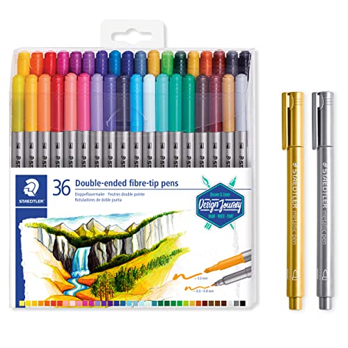 STAEDTLER Doppelfasermaler mit zwei Spitzen für zwei Linienbreiten und metallic Marker in Gold und Silber, für helles und dunkles Papier, 36 Filzstifte und 2 Marker, 3200TB36P1X von Staedtler