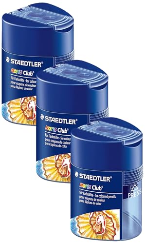 STAEDTLER Doppelspitzdose Noris Club, zwei Spitzlöcher für unterschiedliche Stiftformate, mit Verschlussdeckel, dreikant, blau transparent, 512 128 (Packung mit 3) von Staedtler