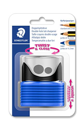 STAEDTLER Doppelspitzdose mit Faltbalg, zwei Spitzlöcher für unterschiedliche Stiftformate, Blisterkarte mit 1 Spitzer blau/schwarz, 513007BK-3 STAEDTLER Doppelspitzdose mit Faltbalg, zwei Spitzlöcher für unterschiedliche Stiftformate, Blisterkarte mit 1 Spitzer blau/schwarz, 513007BK-3 von Staedtler