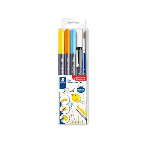 STAEDTLER Easy Watercolour Set Birds - Vögel, mit Doppel-Filzstiften, Pigment-Fineliner, Aquarell-Pinsel und Lesezeichen zum selber Bemalen, hohe Qualität, 3001STB5-1 von Staedtler