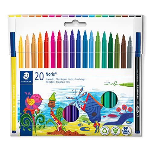 Staedtler Fasermaler Noris, Tinte mit Lebensmittelfarbstoffen auf Wasserbasis, Kappe mit Atemluftkanal, Linienbreite 1,0 mm, 20 Filzstifte in sortierten Farben im Kartonetui, 326 C20 Staedtler Fasermaler Noris, Tinte mit Lebensmittelfarbstoffen auf Wasserbasis, Kappe mit Atemluftkanal, Linienbreite 1,0 mm, 20 Filzstifte in sortierten Farben im Kartonetui, 326 C20 von Staedtler