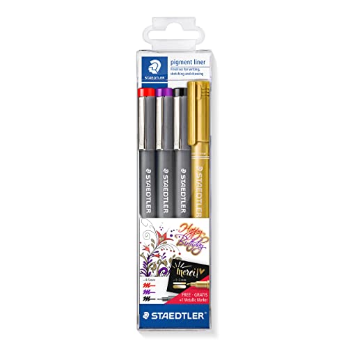 STAEDTLER Fineliner Set, bunte pigment liner und metallic Marker gold, für dekoratives Malen und kreatives Schreiben, ideal für Fotoalben und Grußkarten, 308 SWP3P, 4 Stück (1er Pack) von Staedtler