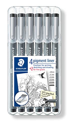 STAEDTLER Fineliner pigment liner, schwarz, Set mit 6 Linienbreiten, Promotion 4 + 2 gratis, hohe Qualität Made in Germany, Pigmenttinte, dokumentenecht, lichtbeständig, 308 SB6P von Staedtler