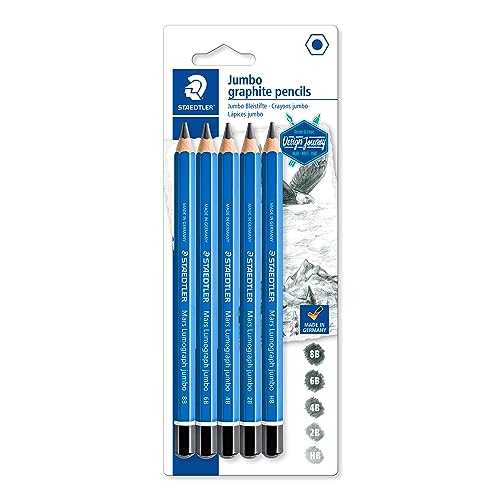 STAEDTLER Jumbo-Bleistifte Mars Lumograph jumbo, Sechskantform, hohe Bruchfestigkeit, 5 Härtegrade, hohe Qualität Made in Germany, Blisterkarte mit 5 Bleistiften, 100J-S BK5 von STAEDTLER