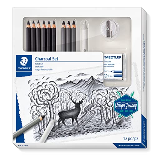 STAEDTLER Kohle Set, Komplett-Set mit 3 Kohlestiften, 5 Premium Künstlerbleistiften, 1 Papierwischer, 1 knetbarer Künstler-Radierer, 1 Spitzer und Step-by-Step Anleitungen, 61 100C von Staedtler