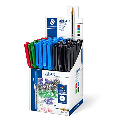 STAEDTLER Kugelschreiber mit Clip und Kappe, Linienbreite M, rot, grün, blau, schwarz, 50 Kugelschreiber im Thekendisplay, 430 M-SCP5 STAEDTLER Kugelschreiber mit Clip und Kappe, Linienbreite M, rot, grün, blau, schwarz, 50 Kugelschreiber im Thekendisplay, 430 M-SCP5 von Staedtler