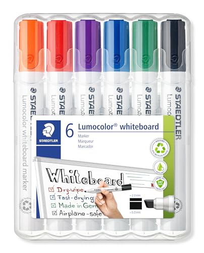 STAEDTLER Whiteboard Marker Lumocolor, trocken und rückstandsfrei abwischbar, Keilspitze ca. 2 oder 5 mm, hohe Qualität Made in Germany, Set mit 6 Farben, 351 B WP6 von Staedtler