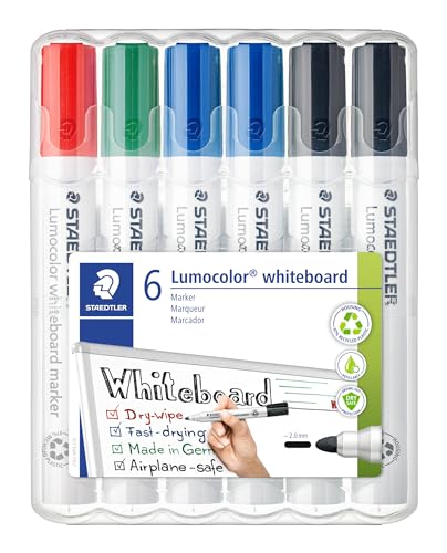 STAEDTLER Lumocolor 351 WP6 X Whiteboard-Marker (Rundspitze ca. 2 mm Linienbreite, Set mit 6 Markern, Hohe Qualität, trocken und rückstandsfrei abwischbar von Whiteboards) von Staedtler