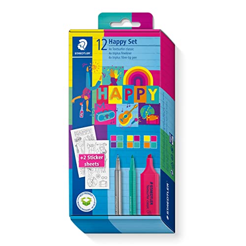 Staedtler Marker Set, in den bunten Happy-colours, 4 Textmarker, 4 Fasermaler, 4 Fineliner, Sticker zum Ausmalen, lange Lebensdauer, unterschiedliche Linienbreiten, 61 SC1 HA Staedtler Marker Set, in den bunten Happy-colours, 4 Textmarker, 4 Fasermaler, 4 Fineliner, Sticker zum Ausmalen, lange Lebensdauer, unterschiedliche Linienbreiten, 61 SC1 HA von Staedtler