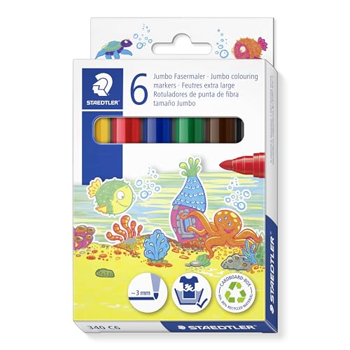 STAEDTLER Noris 340 Jumbo Fasermaler, Speziell für kleine Kinderhände, Kartonetui mit 6 Jumbo Fasermaler in sortierten Farben, 340 C6 STAEDTLER Noris 340 Jumbo Fasermaler, Speziell für kleine Kinderhände, Kartonetui mit 6 Jumbo Fasermaler in sortierten Farben, 340 C6 von Staedtler