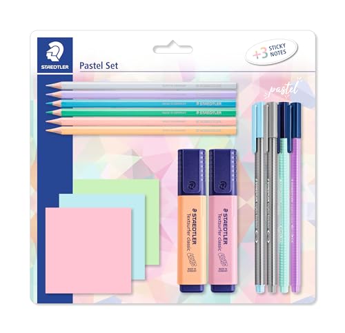 STAEDTLER Pastell Set zum Markieren, Schreiben und Malen, mit Buntstiften, Finelinern, Filzstiften, Textmarkern und 3 Haftnotizblöcken, in hoher Qualität, 61 SBK2 PA STAEDTLER Pastell Set zum Markieren, Schreiben und Malen, mit Buntstiften, Finelinern, Filzstiften, Textmarkern und 3 Haftnotizblöcken, in hoher Qualität, 61 SBK2 PA von Staedtler
