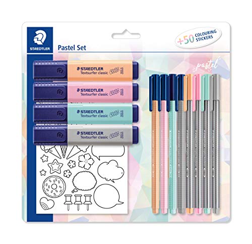 STAEDTLER Pastell Set zum Markieren, Schreiben und Malen, mit Finelinern, Filzstiften, Textmarkern und Ausmal-Sticker, in hoher Qualität, 61 SBK1 PA von Staedtler