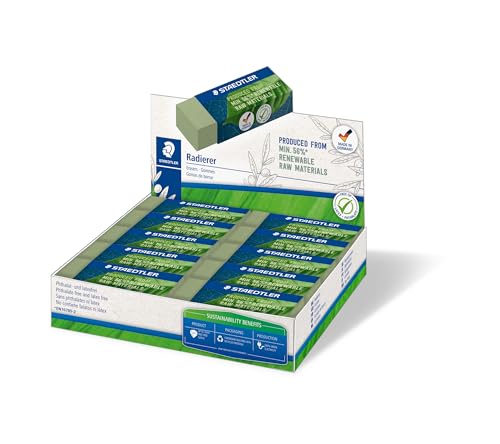 STAEDTLER Radierer, Radiergummi aus bis zu 56% natürlichem- und nachwachsendem Anteil, phthalat- und latexfrei, Schiebemanschette, Größe 65x23x13 mm, 20 olivgrüne Radierer im Kartondisplay, 526 80-5 STAEDTLER Radierer, Radiergummi aus bis zu 56% natürlichem- und nachwachsendem Anteil, phthalat- und latexfrei, Schiebemanschette, Größe 65x23x13 mm, 20 olivgrüne Radierer im Kartondisplay, 526 80-5 von Staedtler