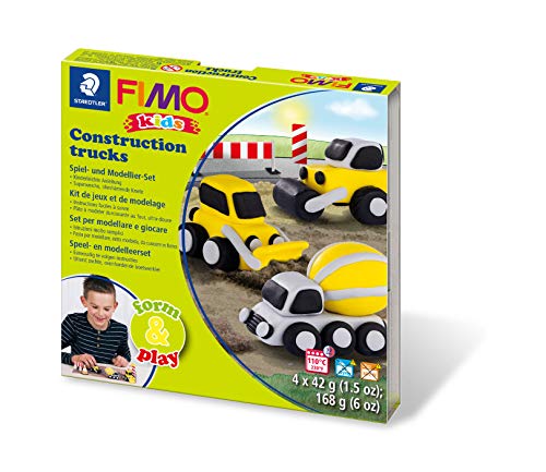 STAEDTLER Spiel- und Modellier-Set FIMO kids "Construction trucks", besonders weiche Modelliermasse, spannende kindgerechte Projekte fördern die Feinmotorik und Kreativität, 8034 30 LY von Staedtler